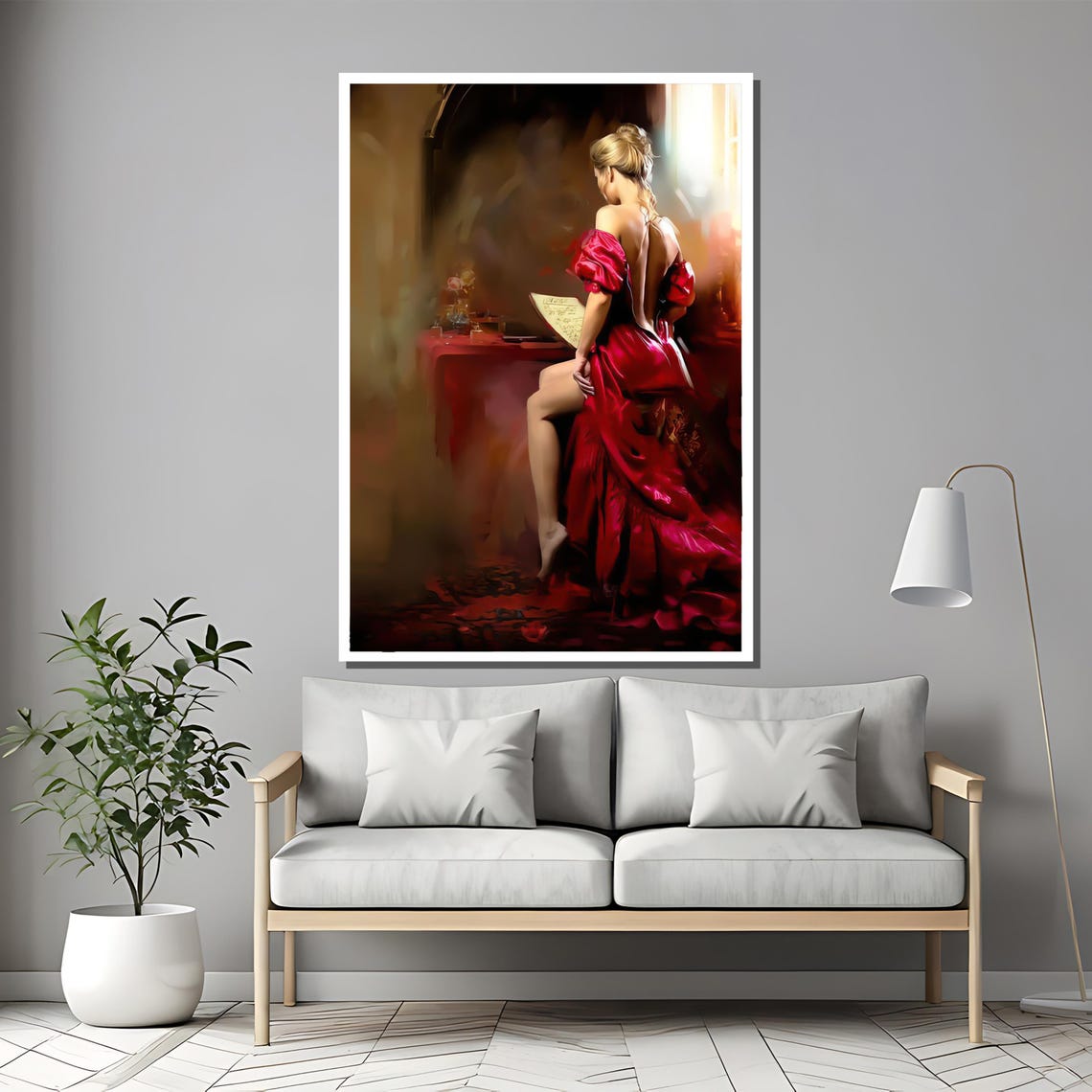 Elegant Lady In Red Gown Seated Romantic Oil Painting Poster - Image 2