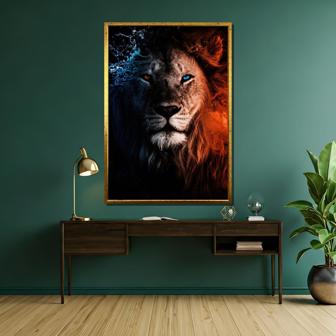 Dual Fire And Water Lion With Striking Blue Eye Portrait Poster - Image 5