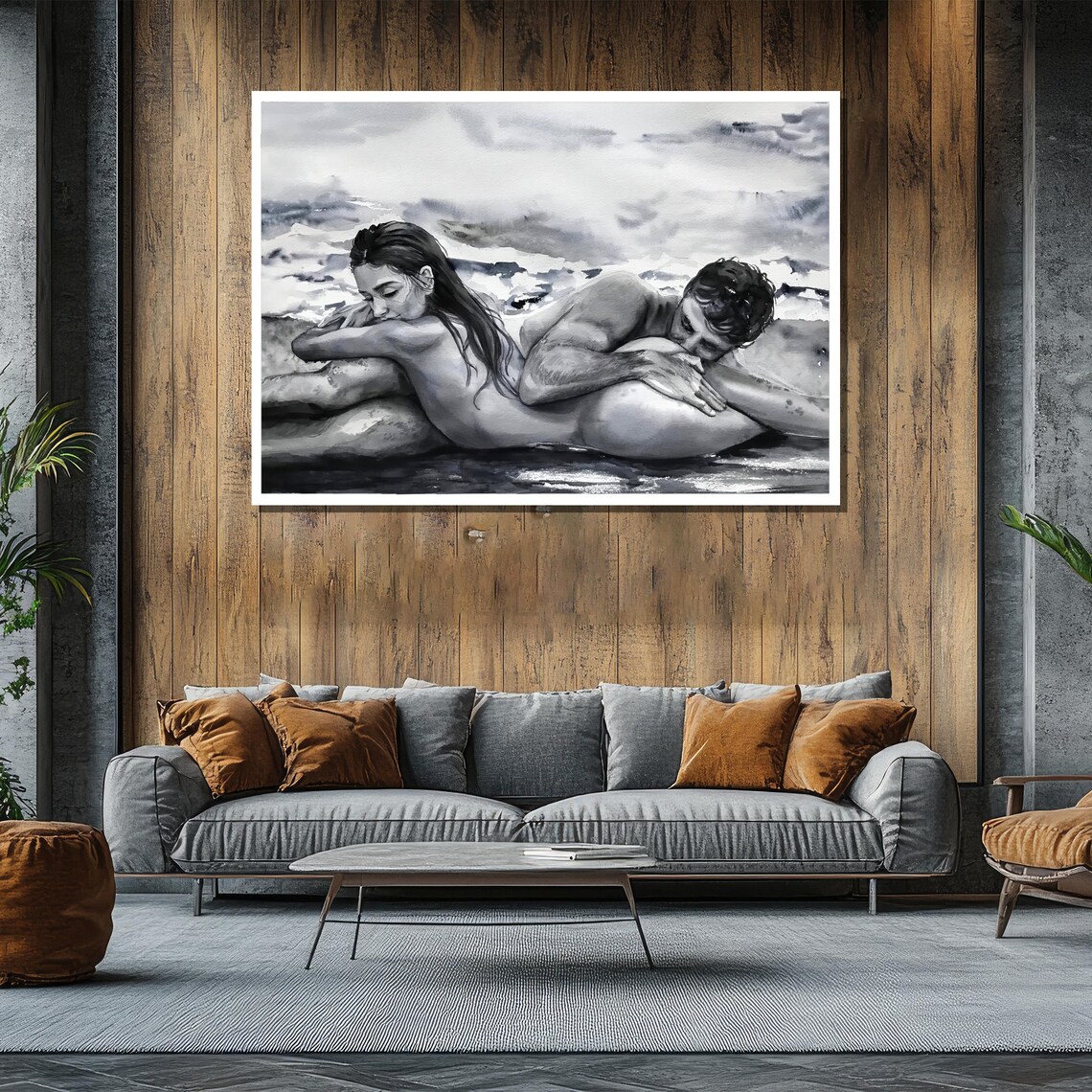 Black And White Couple Resting By The Ocean Shore Watercolor Poster - Image 2