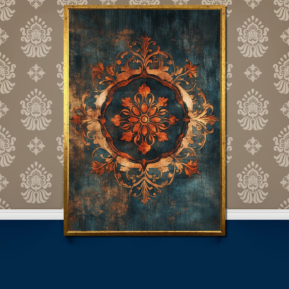 Ornate Vintage Medallion Floral Emblem on Dark Teal Art Poster