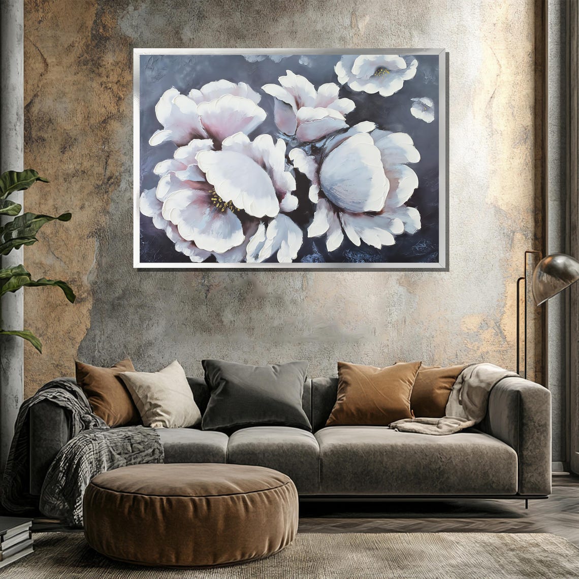 White Peony Bouquet Painting on a Dark Charcoal Background Poster - Image 3