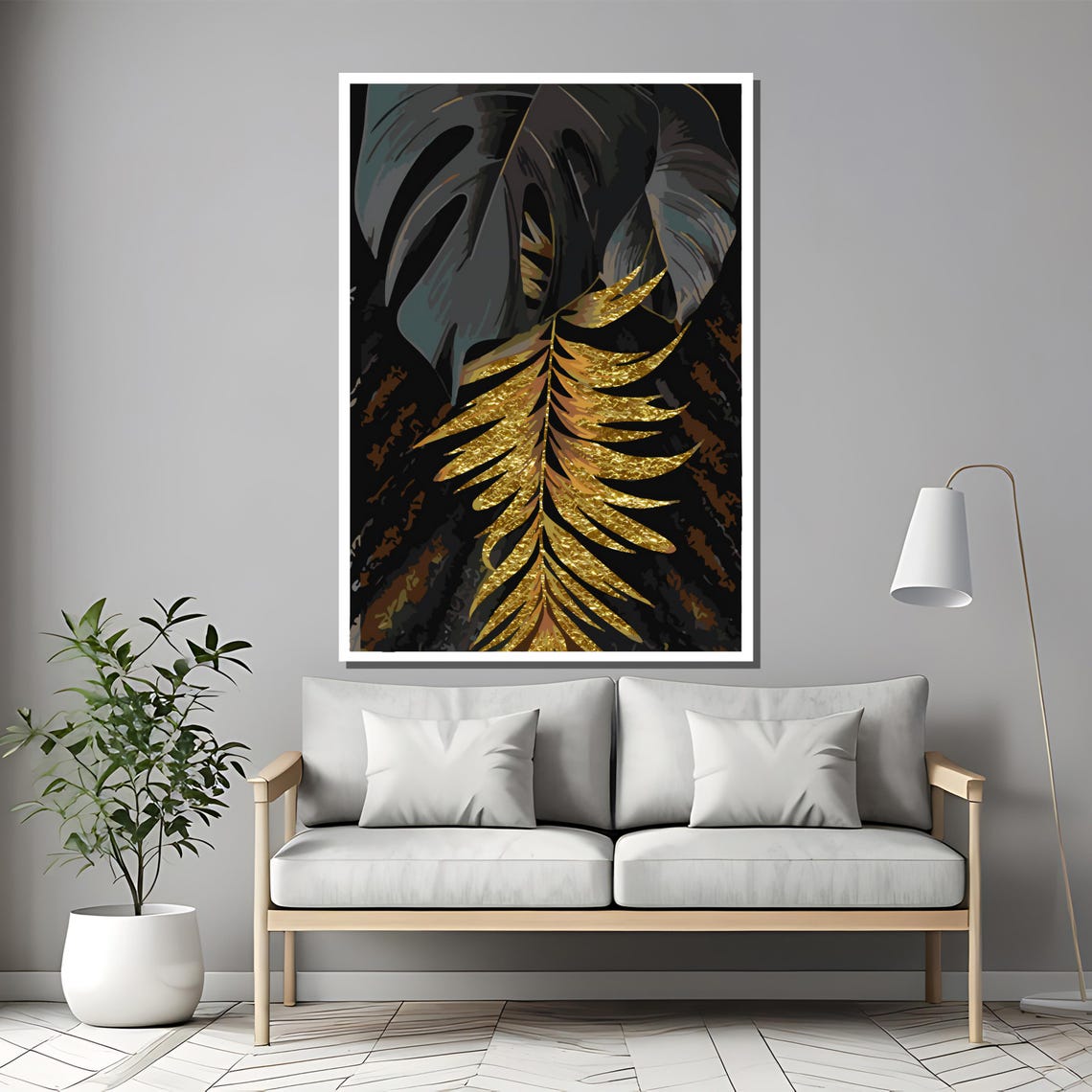 Gold Feather Leaf With Dark Tropical Leaves Black Background Poster - Image 2