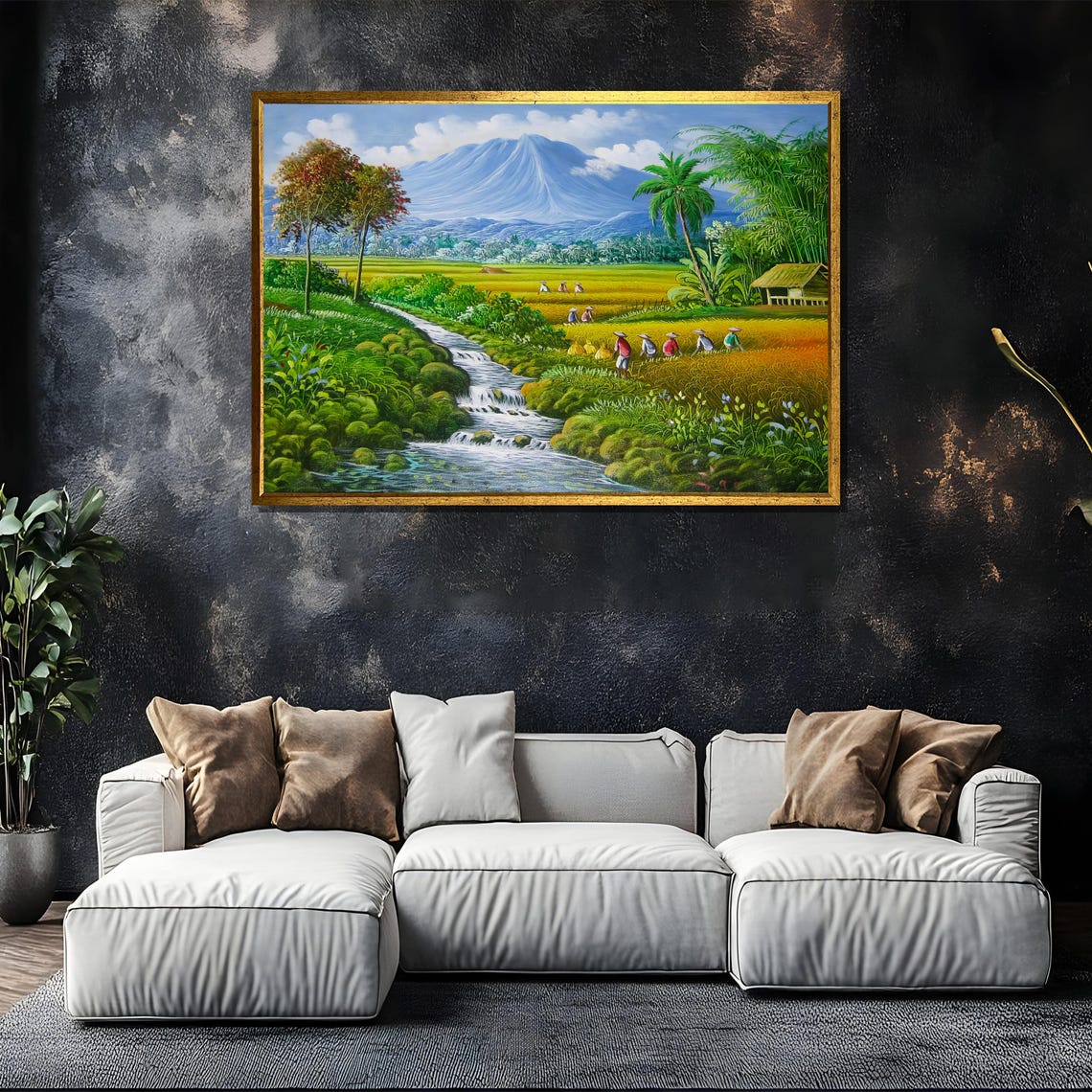 Tropical Rice Fields With Farmers and Volcano Mountain Painting Poster - Image 5