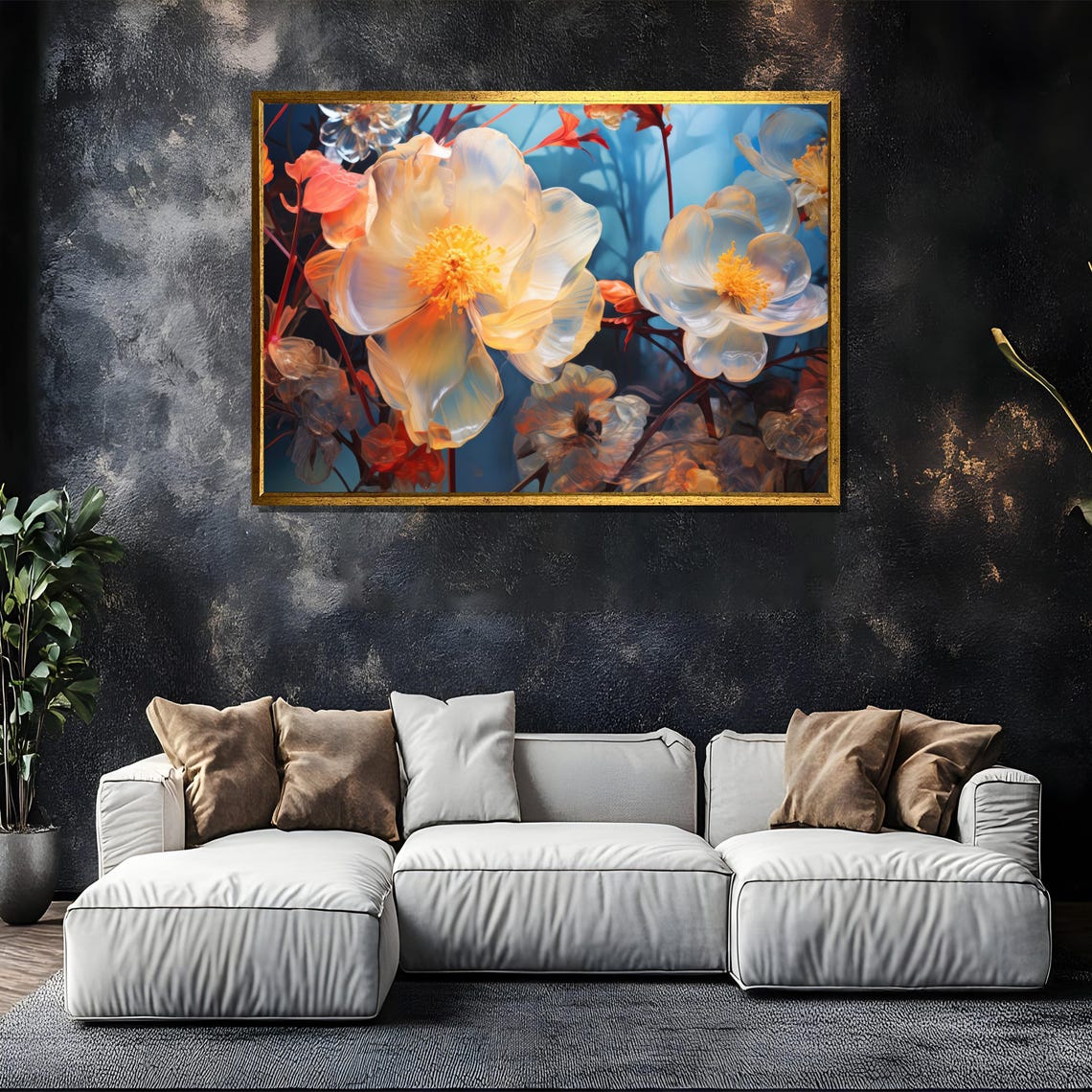 Dreamy Translucent White Blossoms On Blue Floral Painting Poster - Image 5