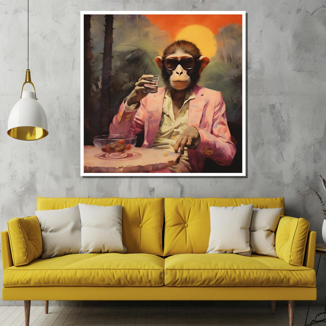 Monkey in Pink Suit and Sunglasses Drinking at Sunset Poster - Image 2