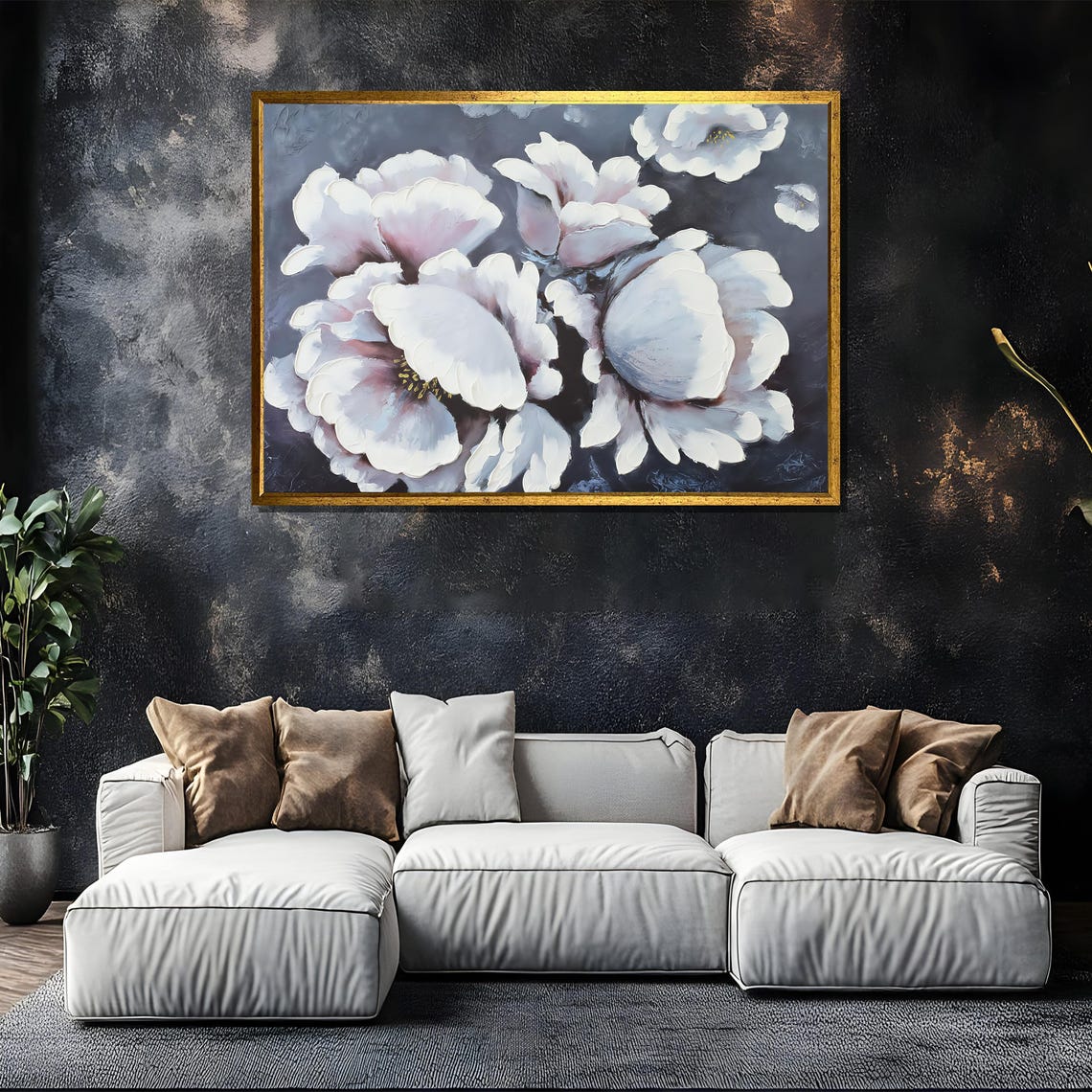 White Peony Bouquet Painting on a Dark Charcoal Background Poster - Image 5