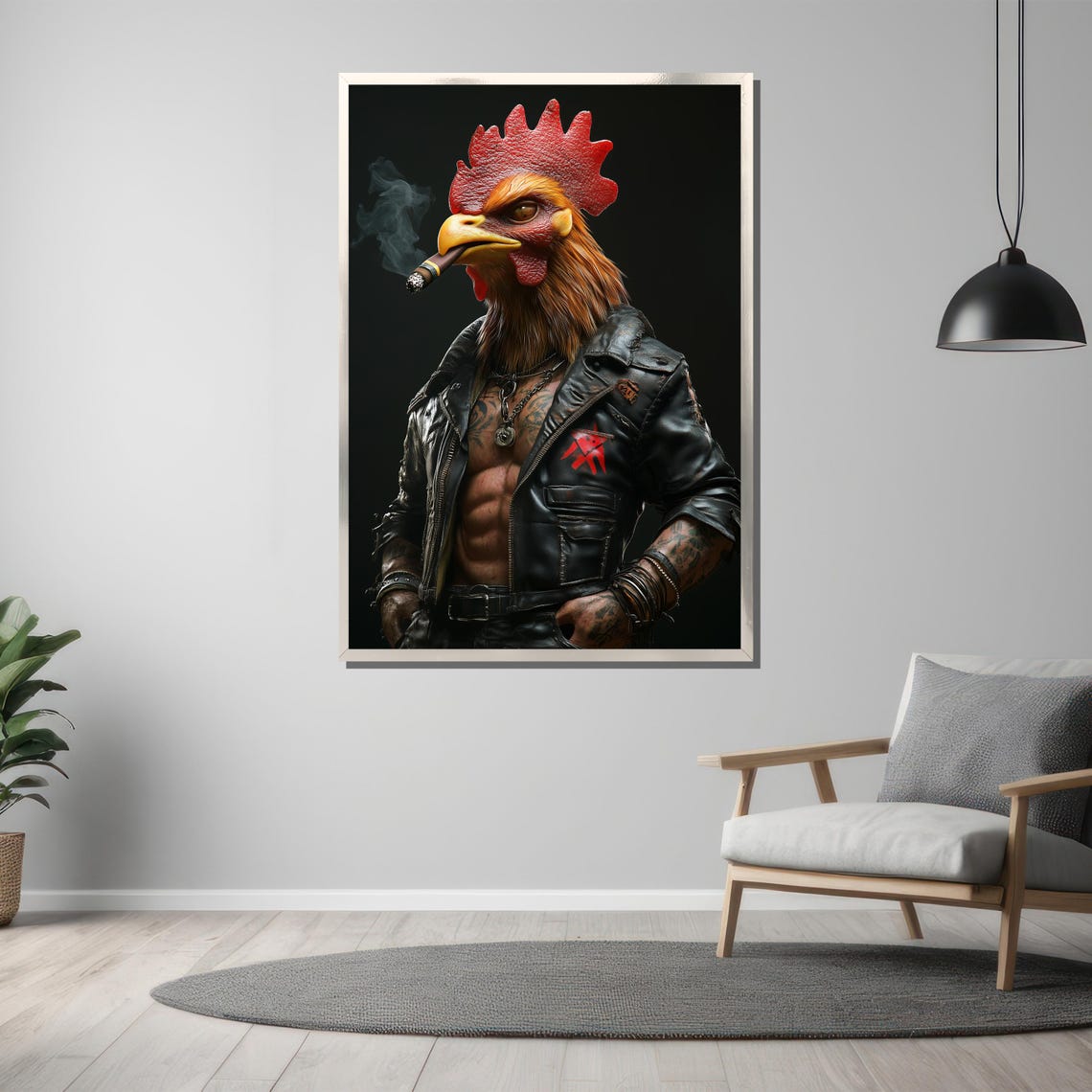 Badass Rooster in a Leather Jacket Smoking a Cigar Art Poster - Image 3