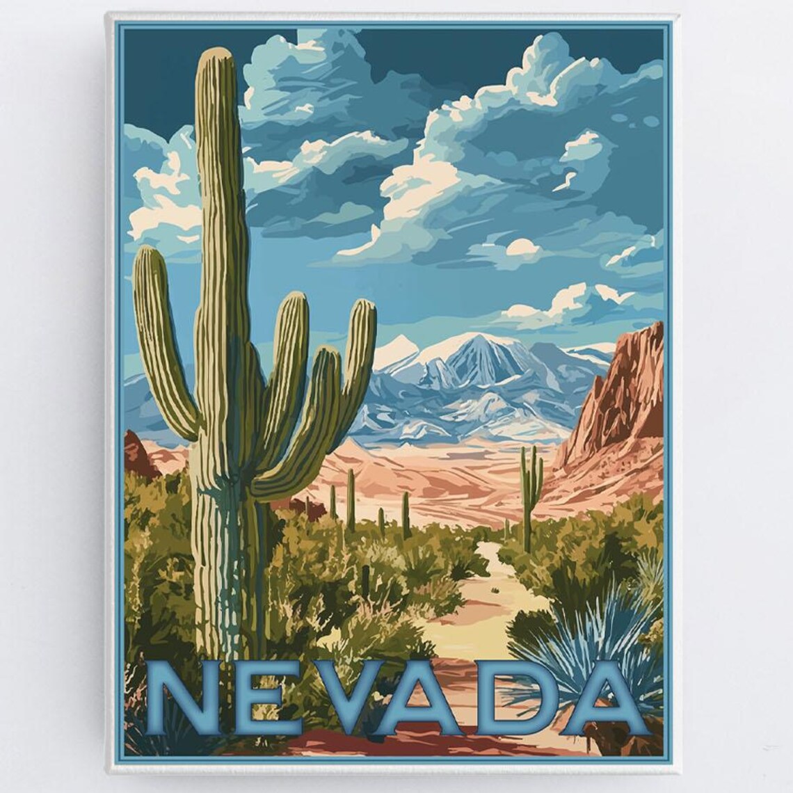 Nevada Saguaro Cactus Desert Mountain View Vintage Travel Poster
