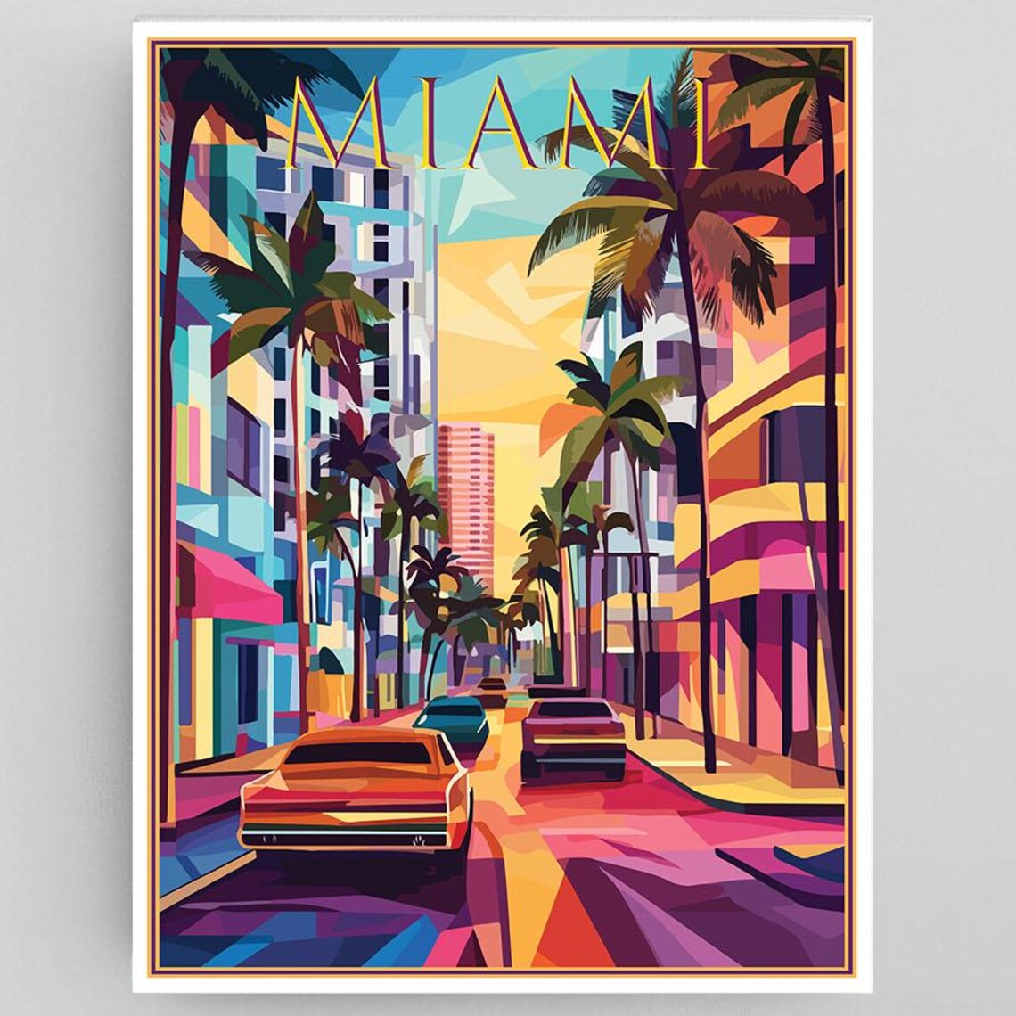 Miami Classic Cars Palm Trees Retro Street Pop Art Travel Poster