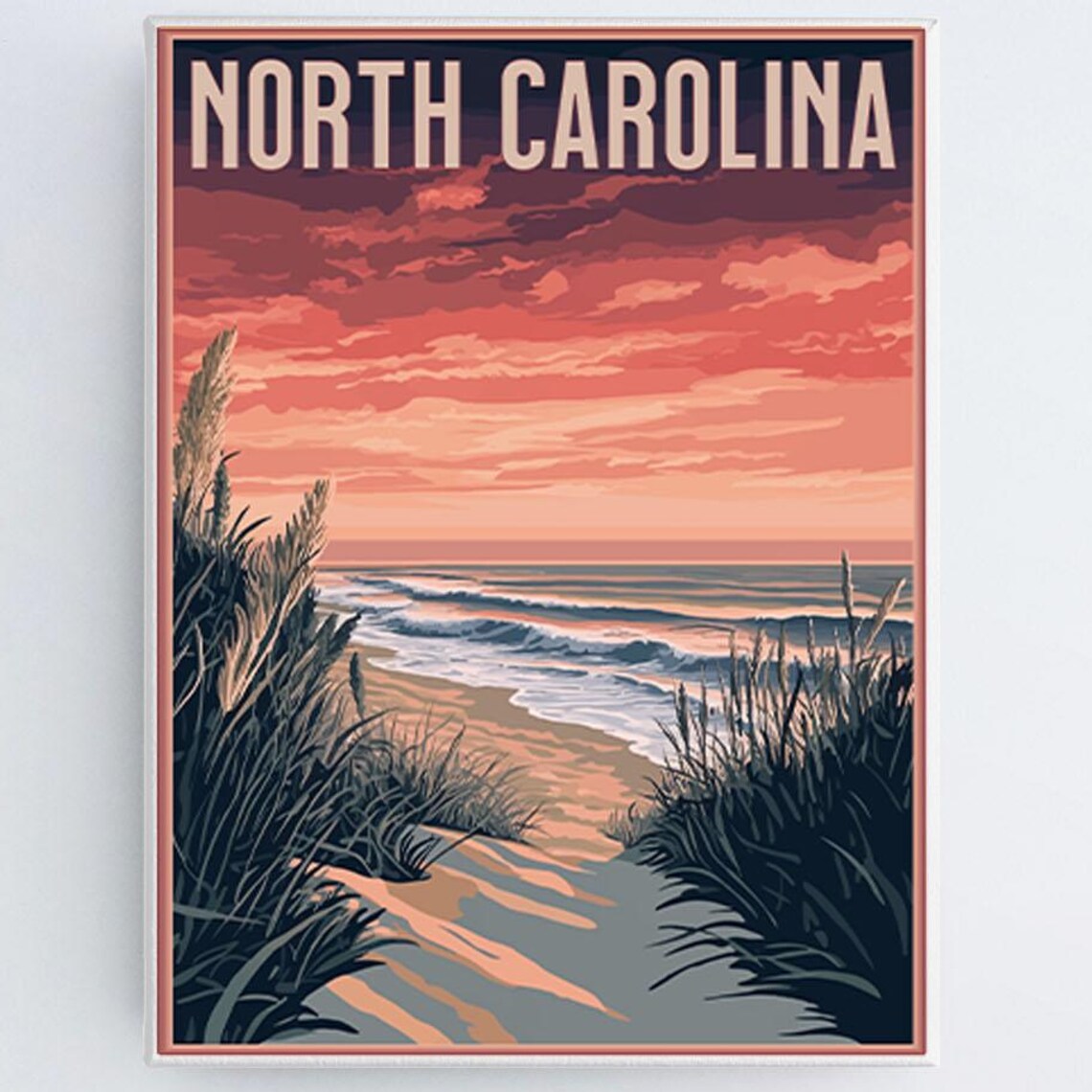 North Carolina Beach Sunset Dunes Ocean Waves Vintage Travel Poster