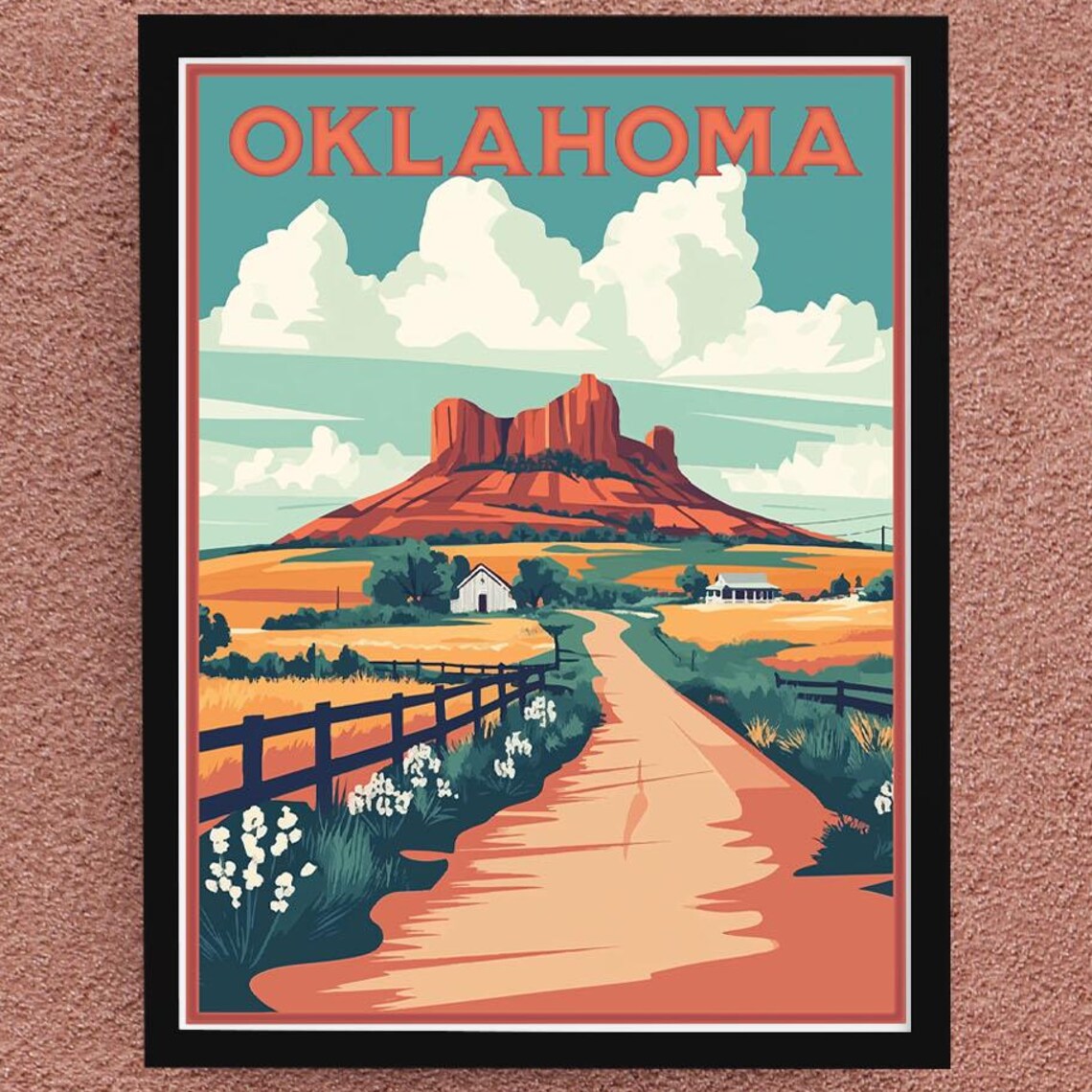 Oklahoma Red Rock Mesa Sunset Country Road Vintage Travel Poster