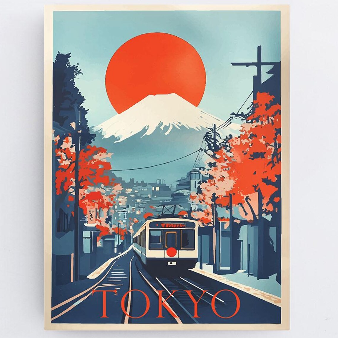 Tokyo Mount Fuji Red Sun Retro Train Vintage Travel Art Poster