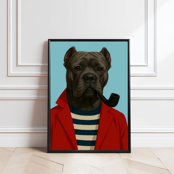Cane Corso Art Print Funny Dog Portrait In Red Jacket