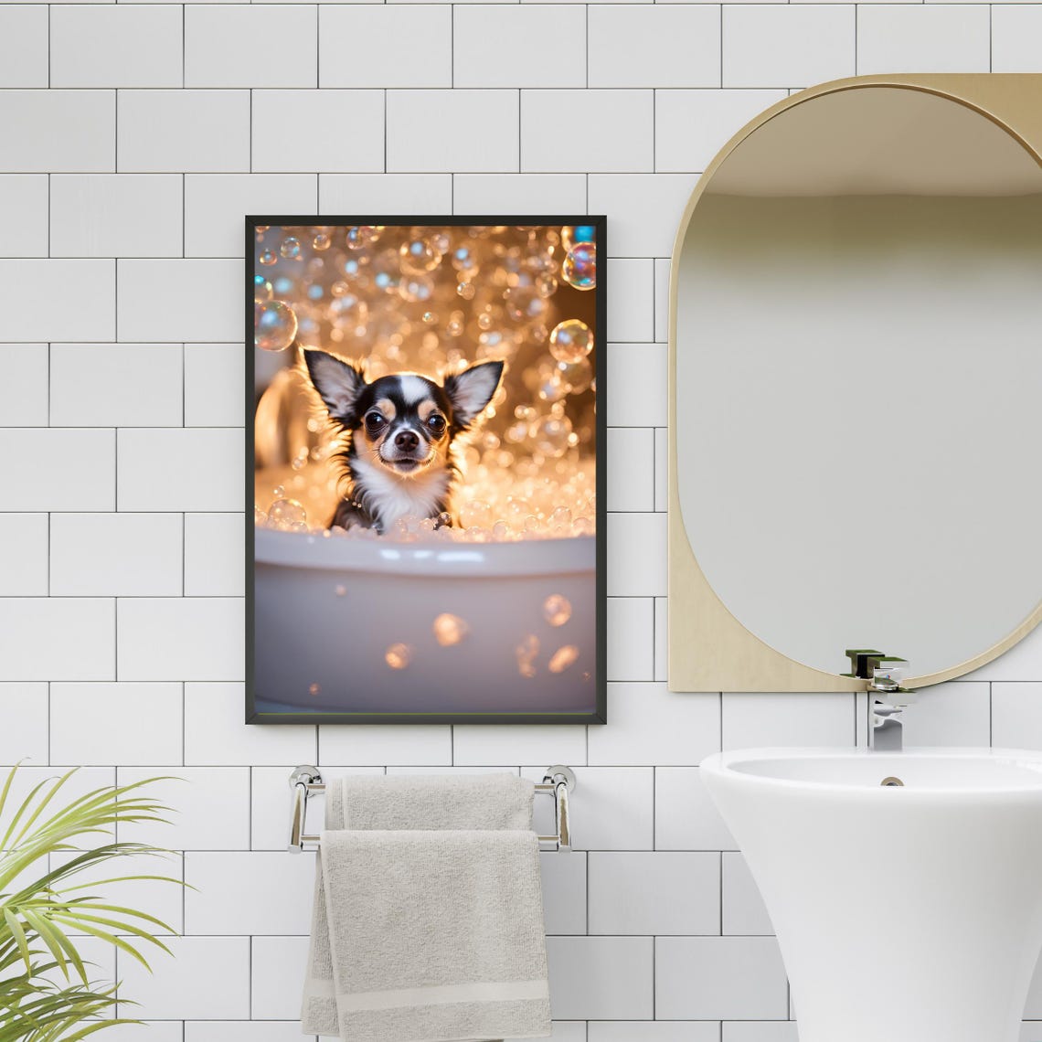 Chihuahua in Bubble Bath Golden Bokeh Cute Dog Bathroom Poster