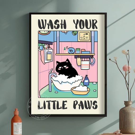 Cute Black Cat Wash Your Paws Print Funny Bathroom Poster Kawaii Art Handwashing Sign Kids Washroom Decor Lover Gift Catpaw