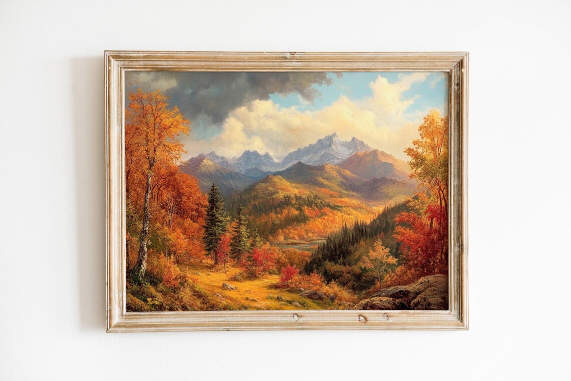 Vintage Autumn Mountain Forest Lake Fall Foliage Painting Poster