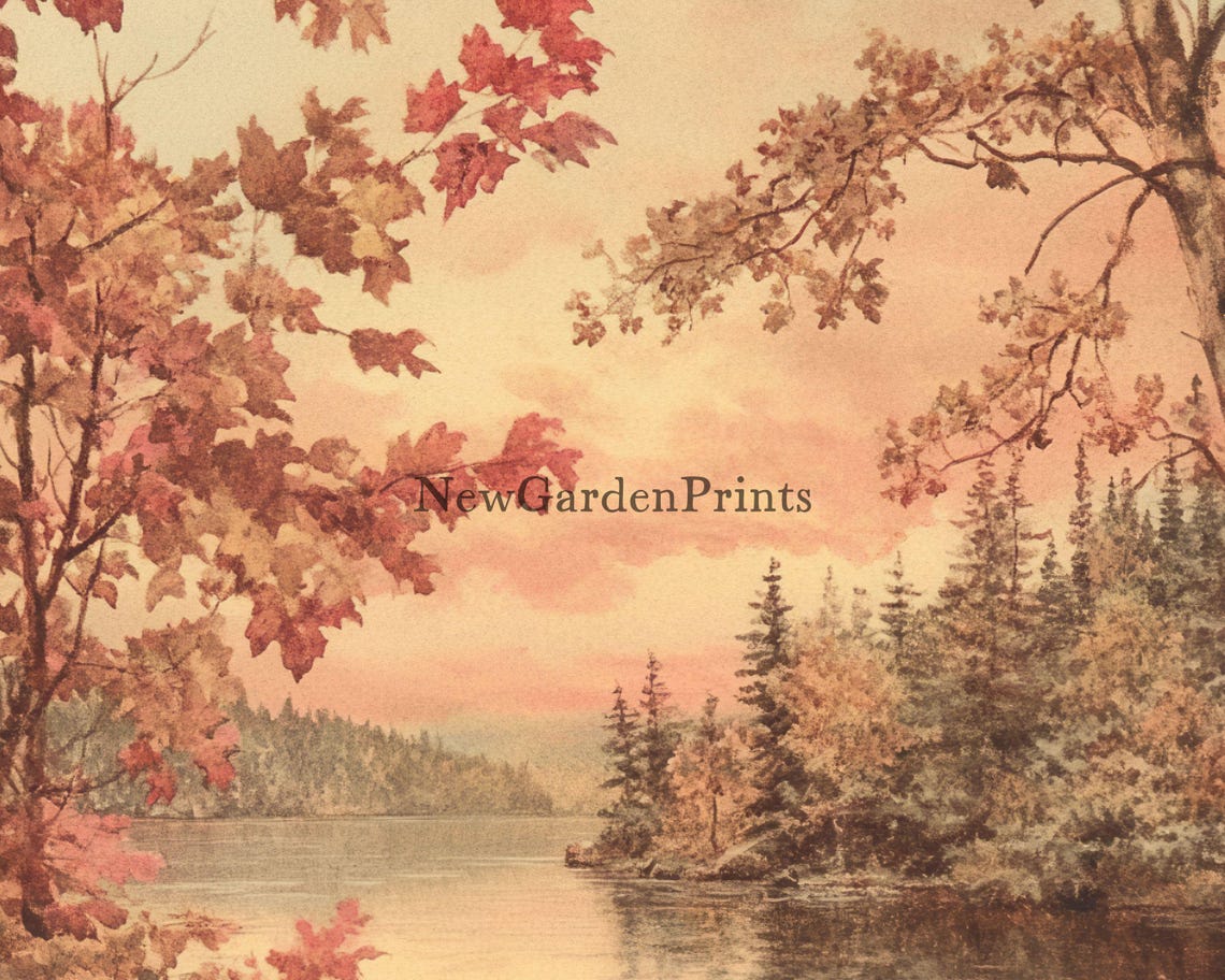 Vintage Autumn Lake Red Maple Sunset Reflection Painting Poster - Image 2