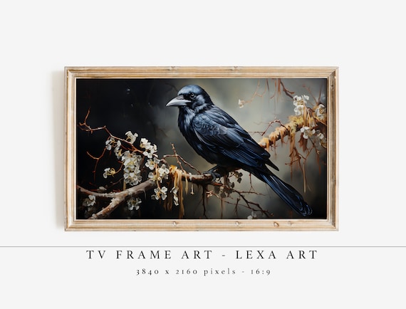 Black Crow Frame Tv Art Dark Halloween Style Vintage Animal Painting Samsung Instant