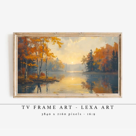 Autumn Lake Sunset Tv Art Fall Landscape Painting Frame Warm Nature Decor Cozy Living Room Wall