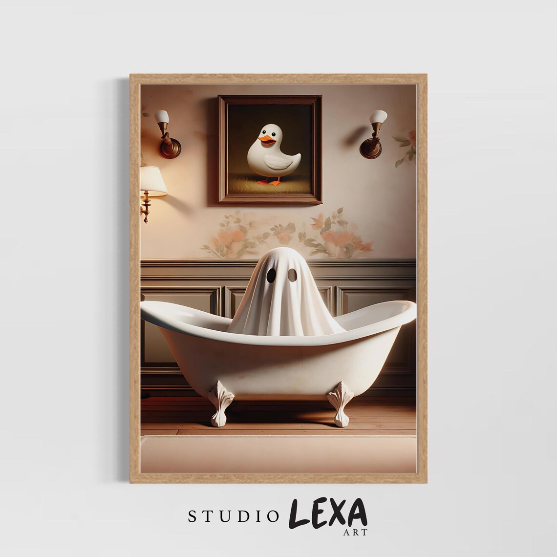 Cute Ghost Taking a Bath Vintage Bathroom Halloween Decor Poster