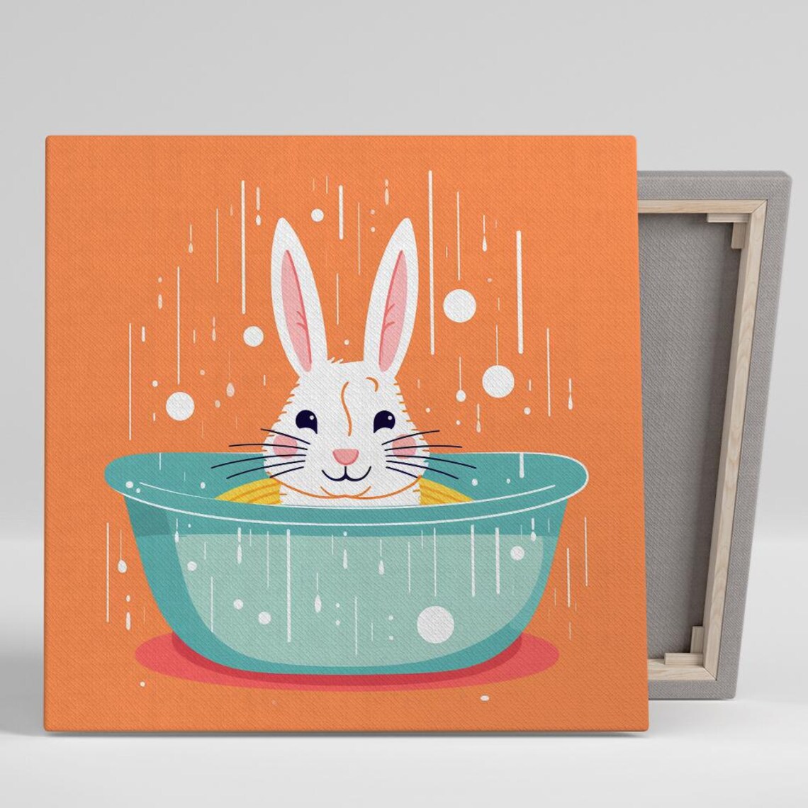 Cheerful Bunny Bath Time Art Print, Whimsical Nursery