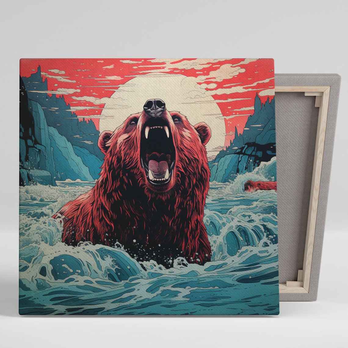 Red Roaring Bear In Ocean Waves Sunset Mountains Wildlife Art Poster