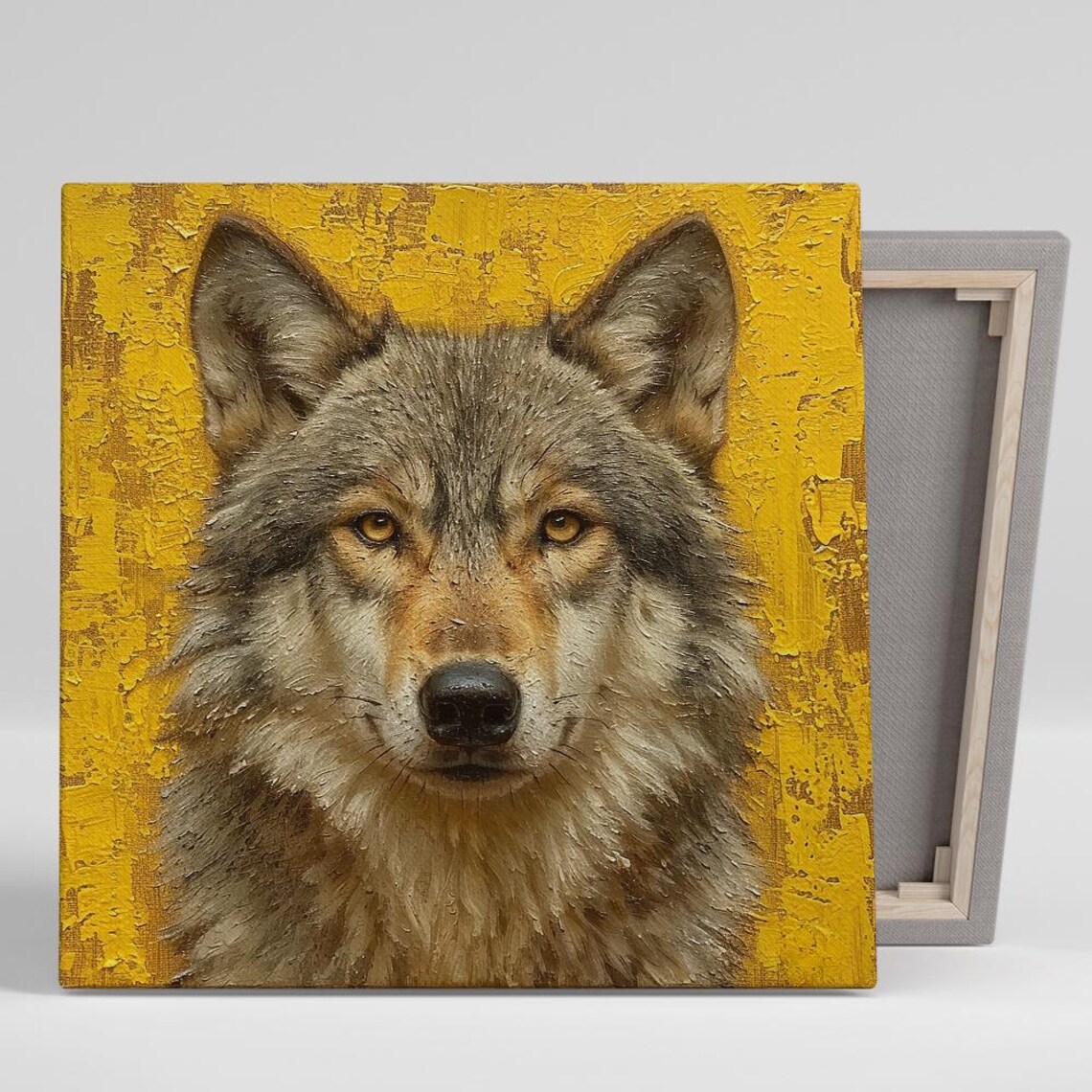 Majestic Wolf Portrait Golden Yellow Oil Painting Rustic Wildlife Poster