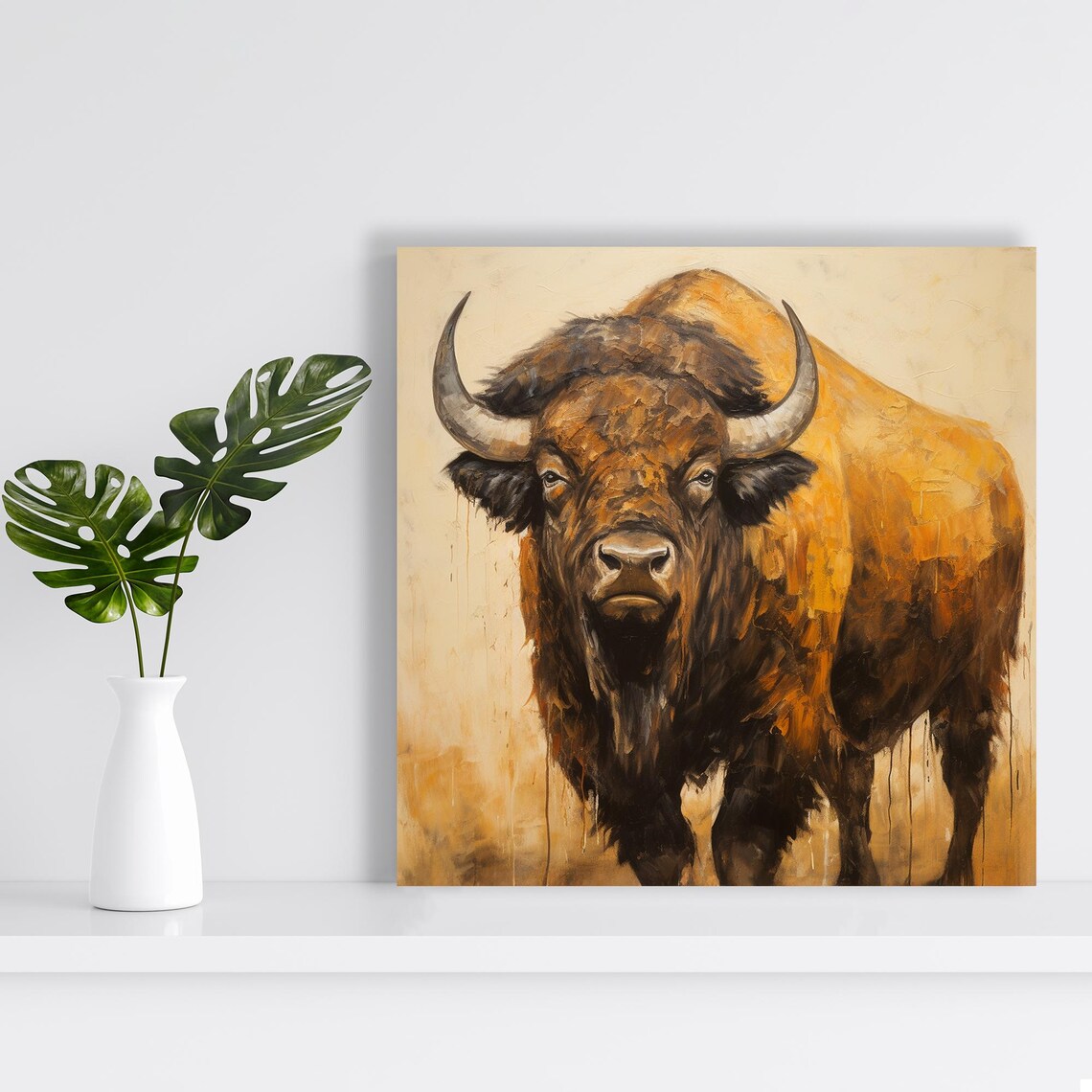 Majestic Bison Portrait In Warm Golden Brown Oil Painting Style Poster - Image 2