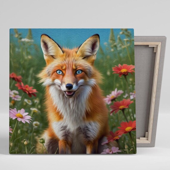 Blue Eyed Red Fox Flower Garden Painterly Spring Meadow Wildlife Poster