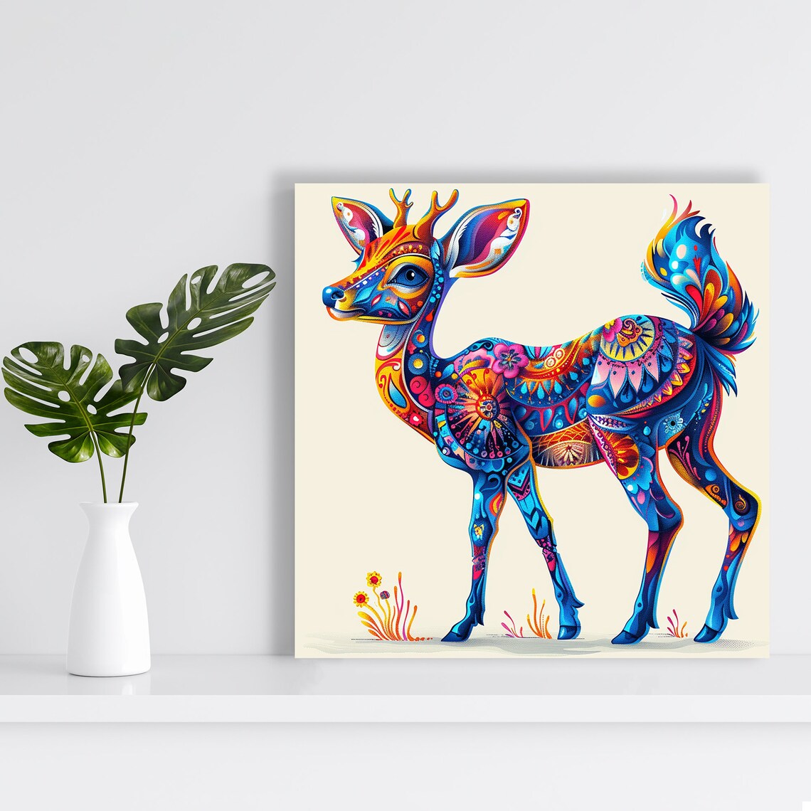 Kaleidoscope Deer With Ornate Mandala Patterns Blue Orange Eclectic Poster - Image 2