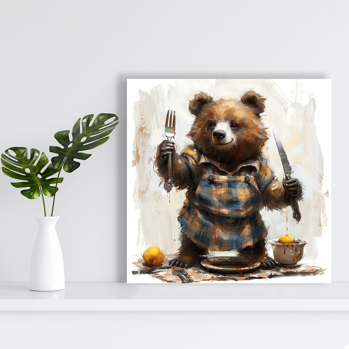 Cute Bear Cub Chef In Plaid Apron Holding Fork Knife Rustic Kitchen Poster - Image 2