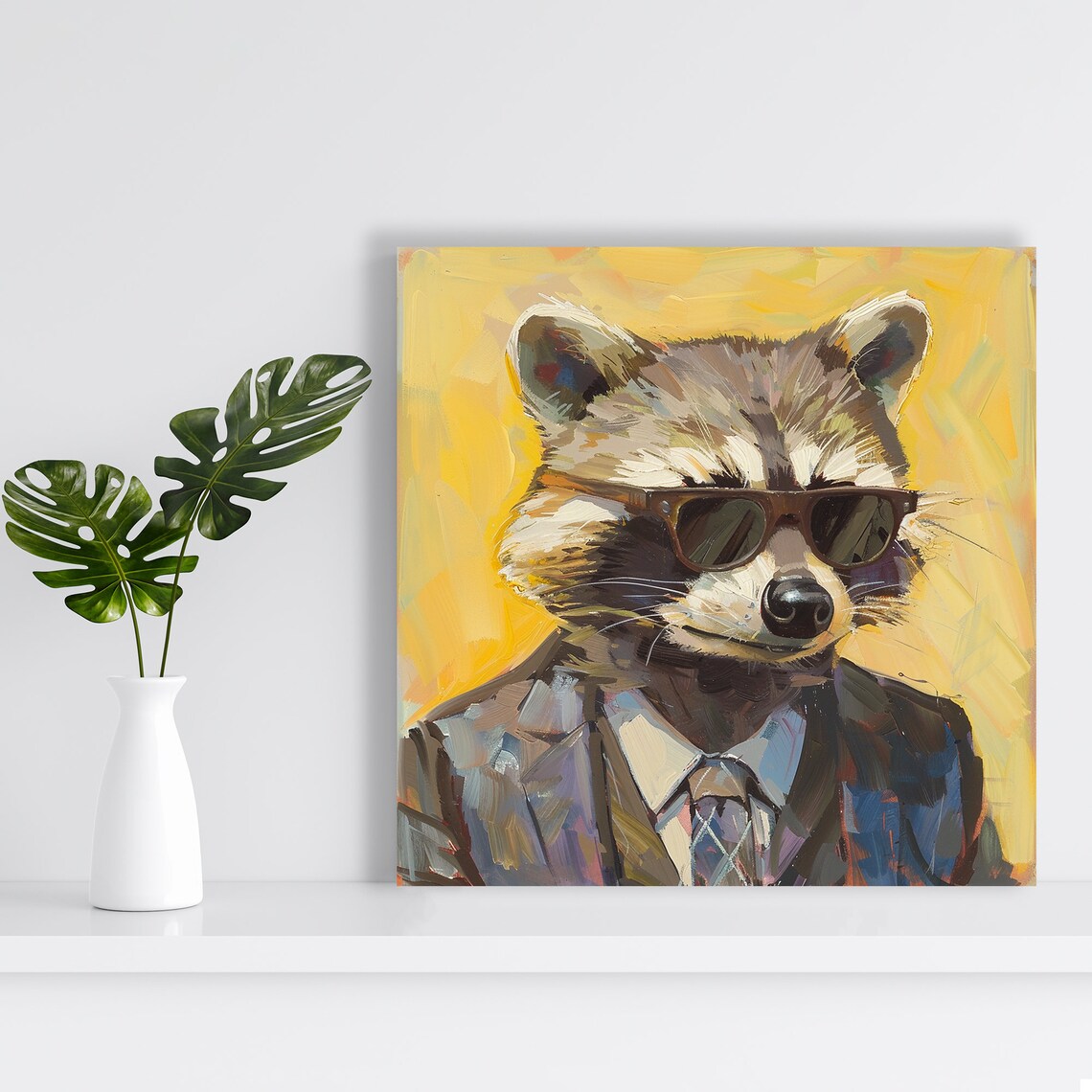 Dapper Raccoon Sunglasses Suit Tie Yellow Background Funny Office Poster - Image 2