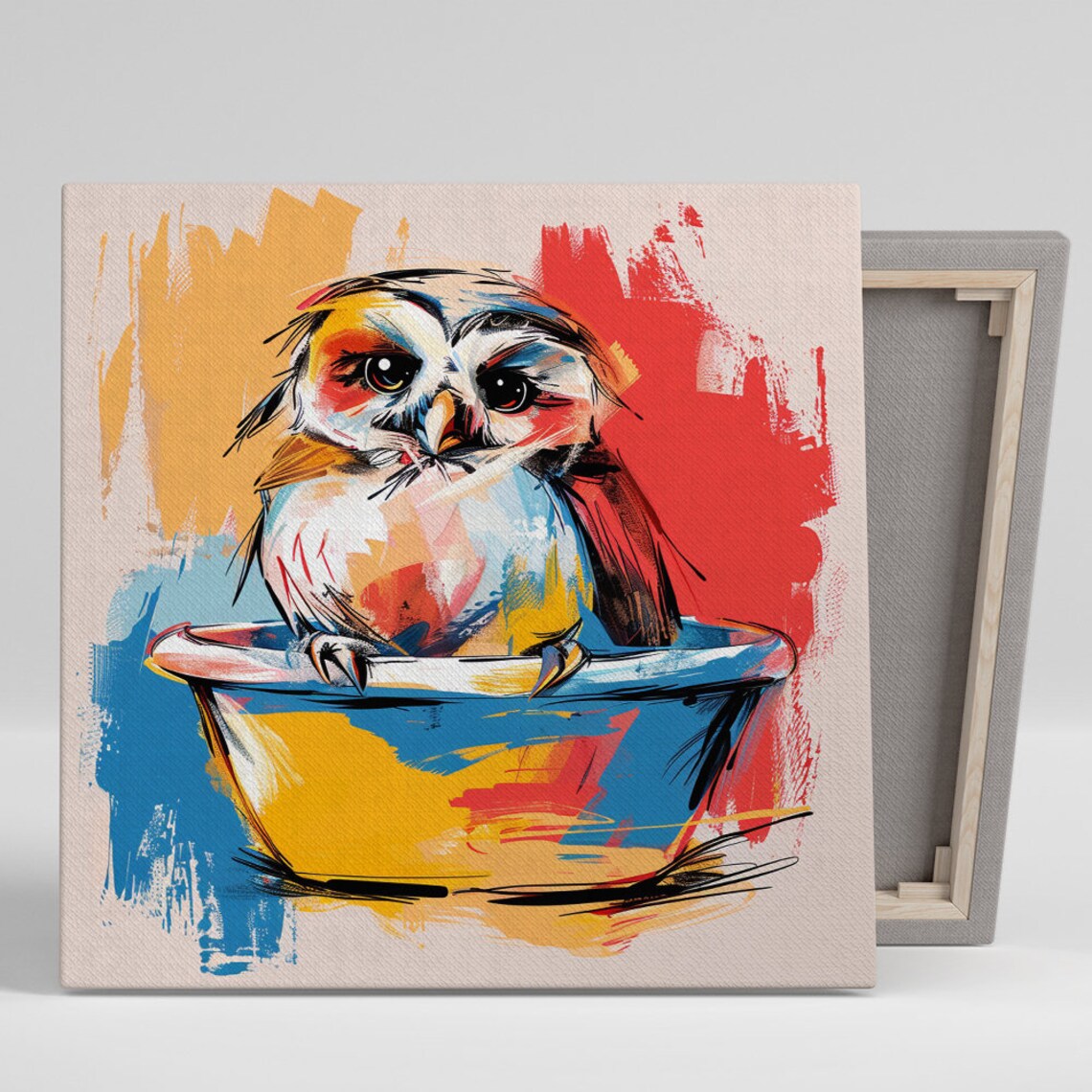 Cute Baby Owl In Bowl Colorful Watercolor Whimsical Bird Poster