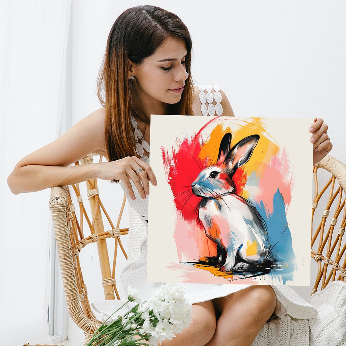 Whimsical Bunny Watercolor Abstract Red Orange Blue Wall Poster - Image 3