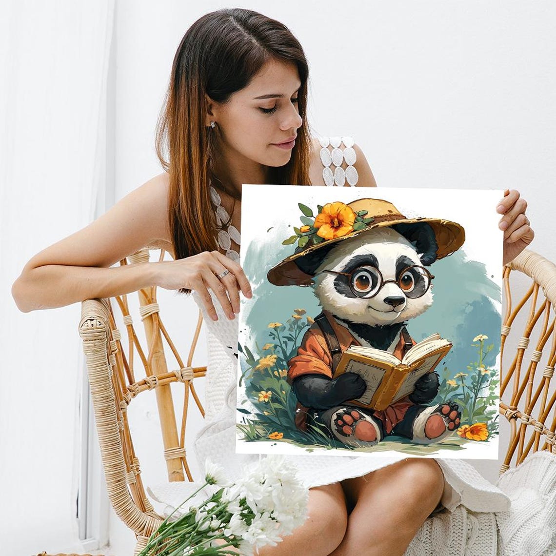 Panda Explorer Reading Book In Flower Meadow Watercolor Art Poster - Image 3