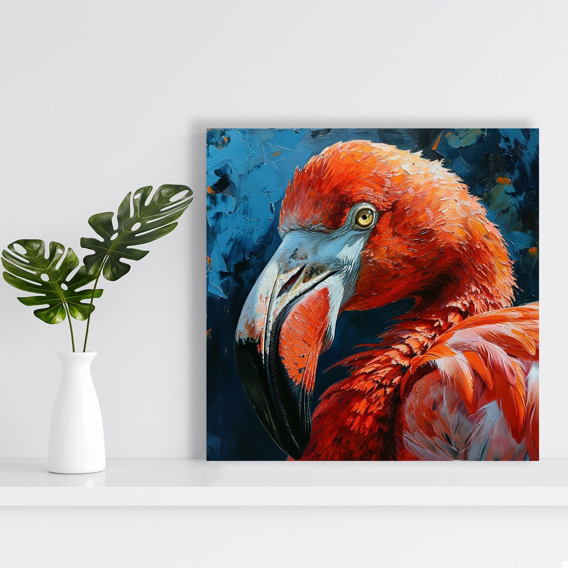 Flamingo Head Close Up Fiery Orange Feathers Blue Oil Painting Poster - Image 2