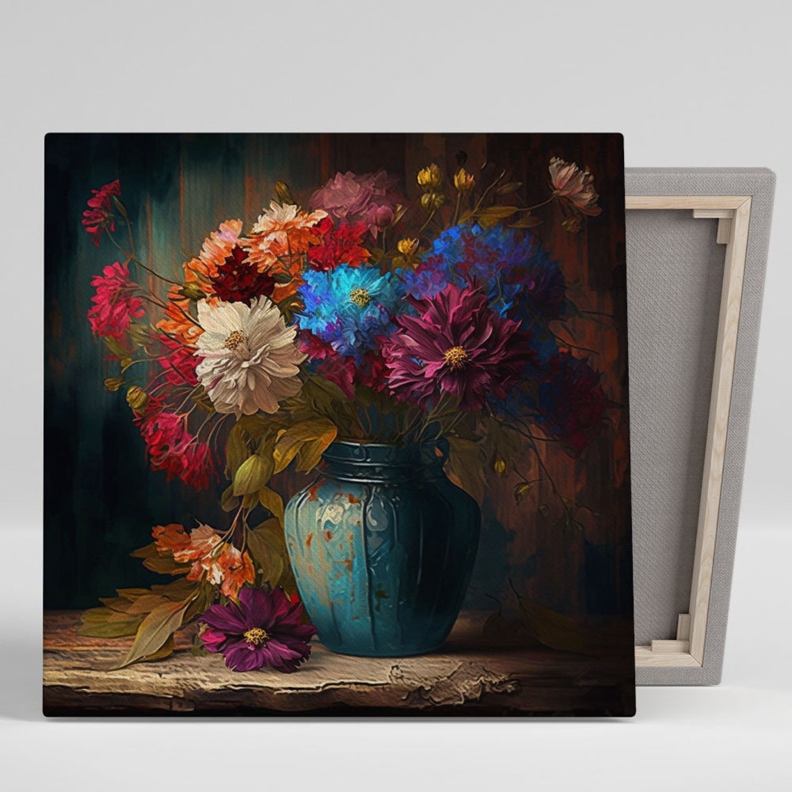 Pink Blue Cosmos Cornflower Bouquet Vintage Blue Vase Floral Poster