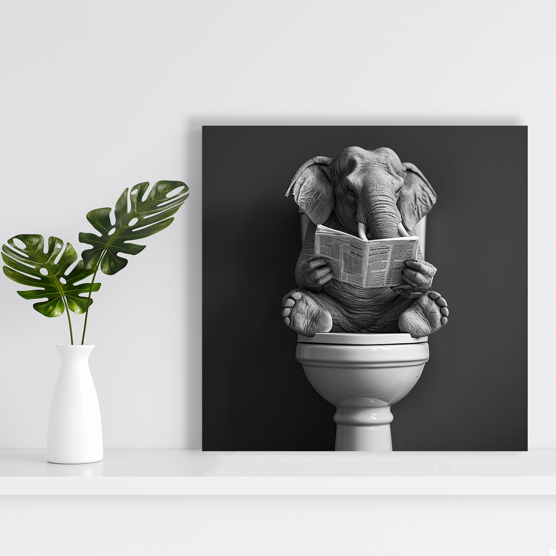 Elephant Reading Newspaper On Toilet Funny Bathroom Wall Art Poster - Image 2
