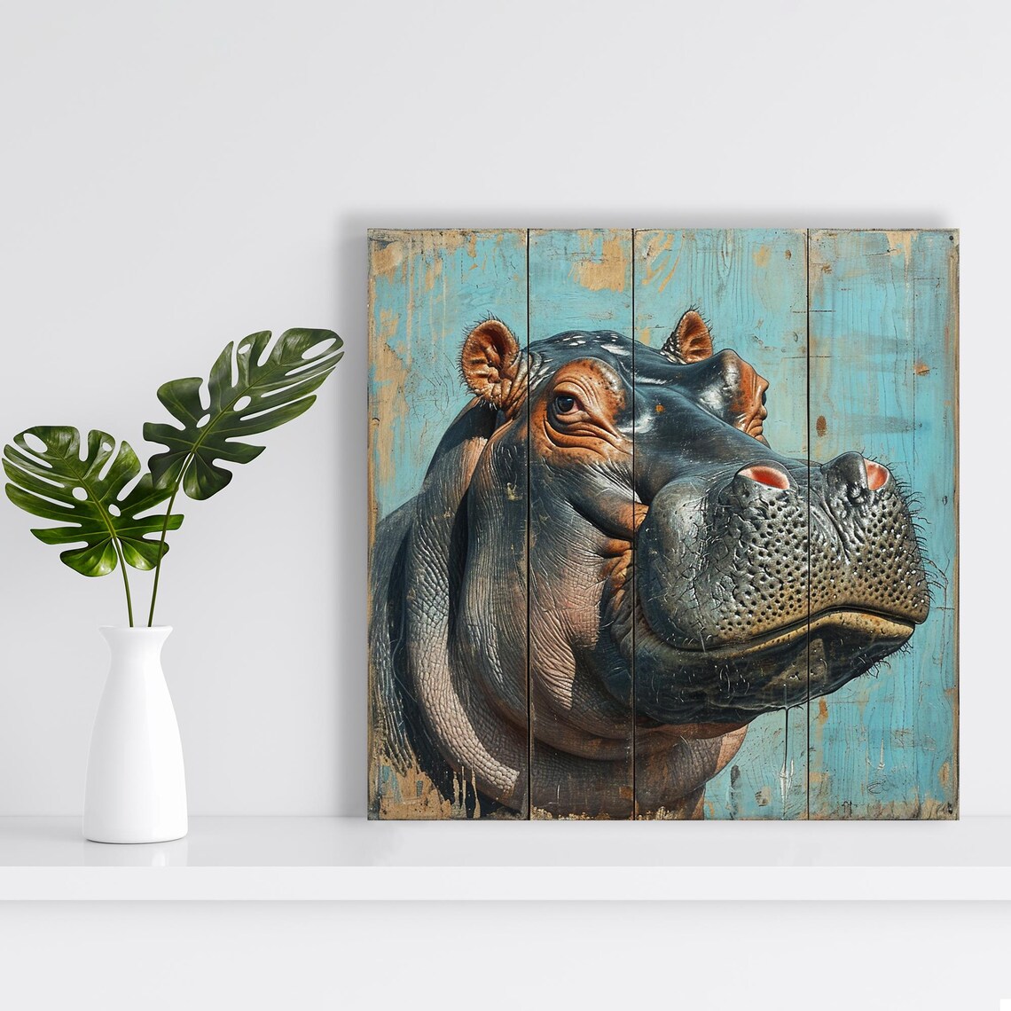 Hippo Close Up Portrait On Weathered Blue Wooden Planks Art Poster - Image 2
