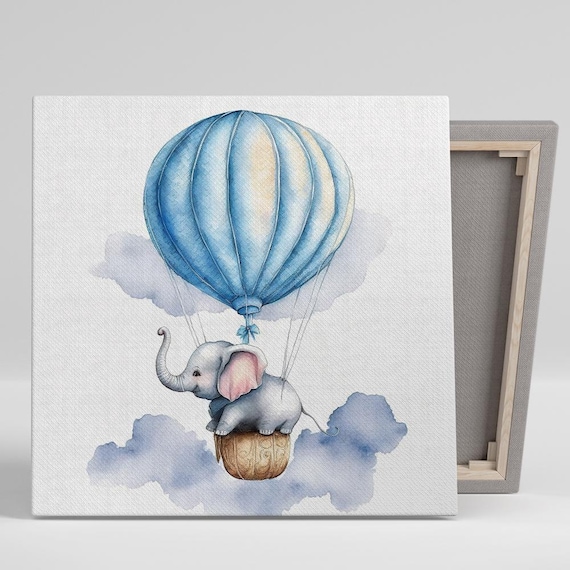 Baby Elephant Hot Air Balloon Blue Watercolor Clouds Nursery Wall Poster