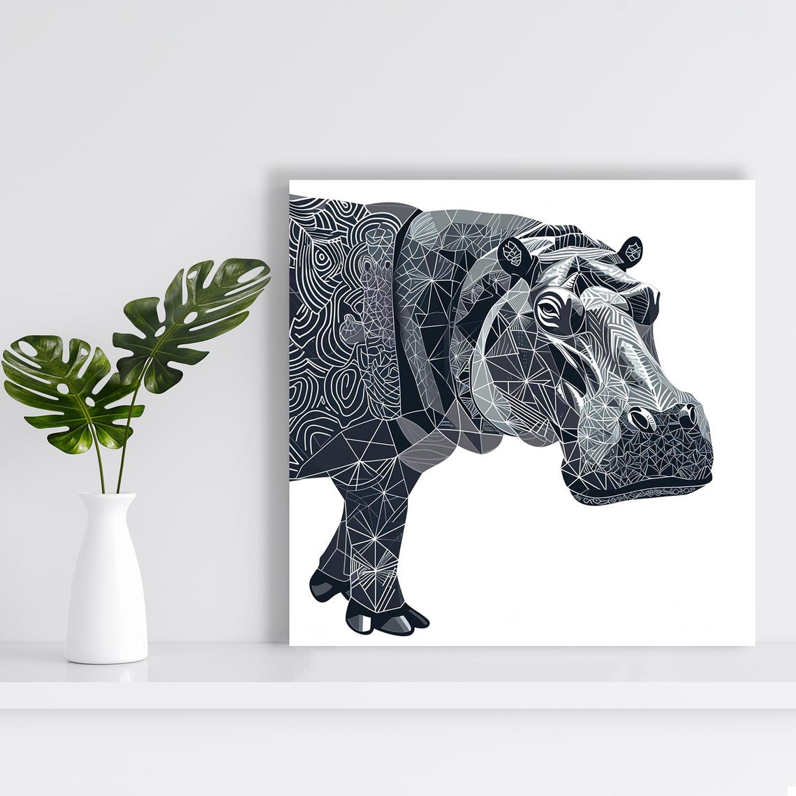 Geometric Hippo Zentangle Pattern Abstract Black White Animal Poster - Image 2