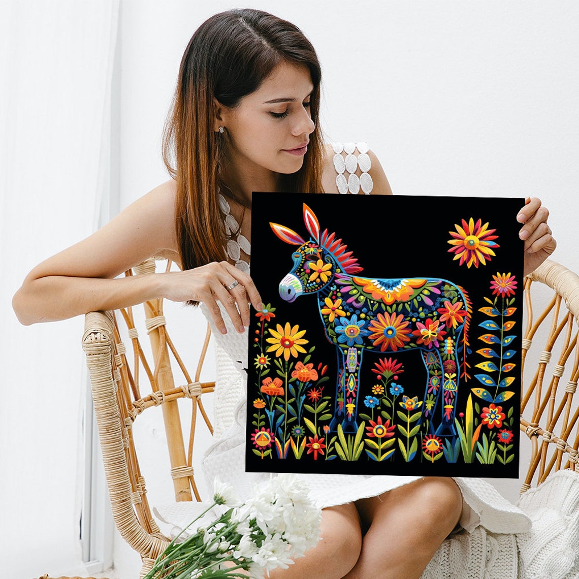 Floral Donkey Fantasy Art Or Poster Whimsical Decor Living Room Childrens Room Bedroom Blue Red Yellow Fantasy Animal Art Print - Image 3