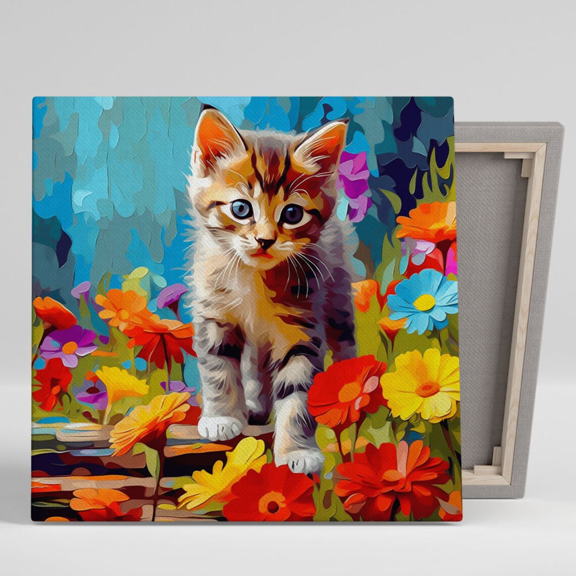 Floral Cat Wall Art Print, Living Room Animal Decor