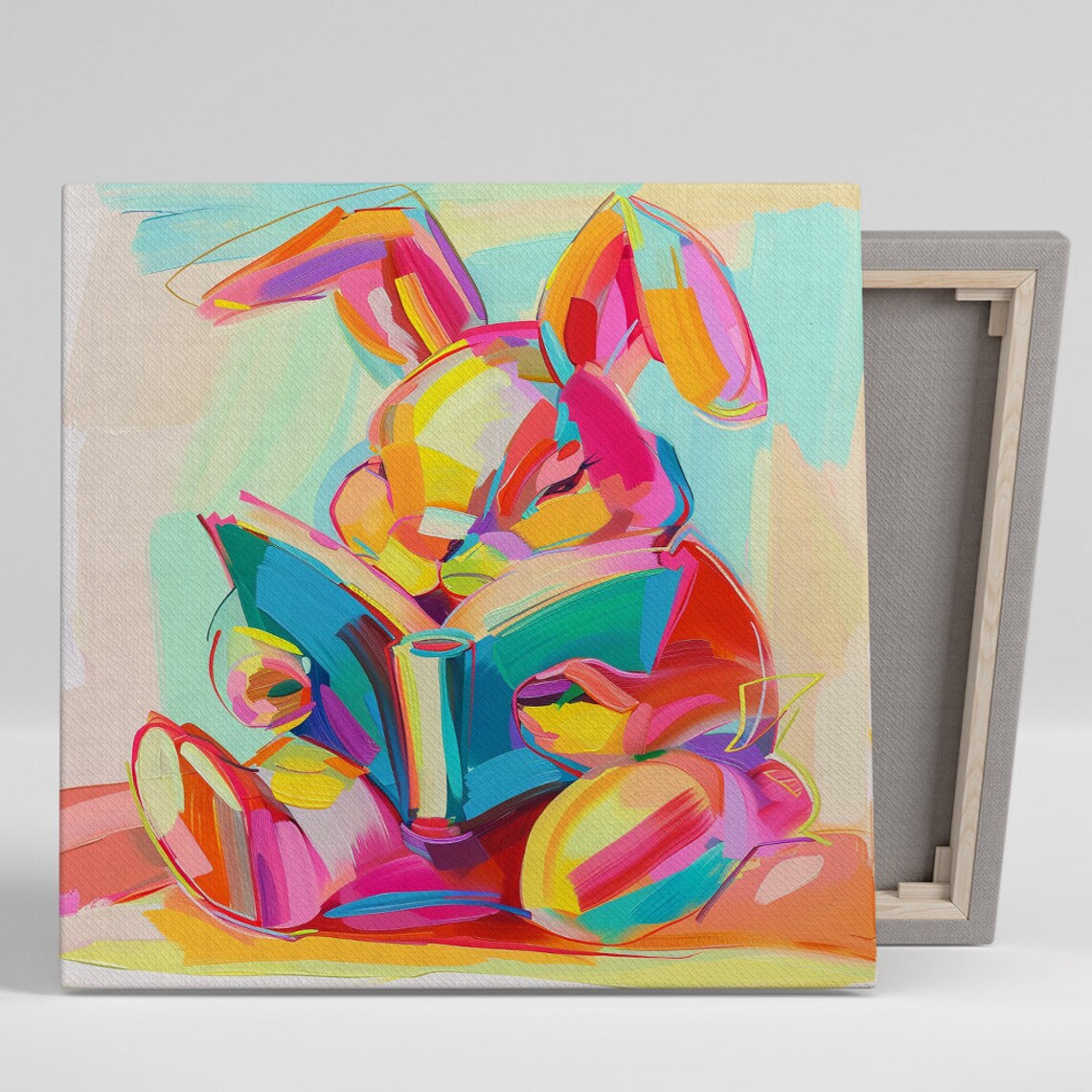 Colorful Abstract Rabbit Reading A Book Bright Brushstrokes Nursery Poster