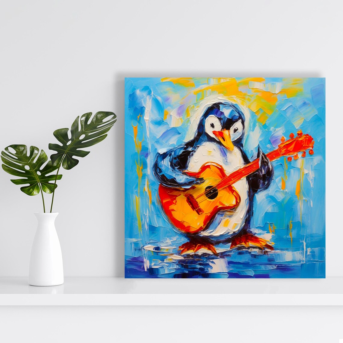Rockstar Penguin Playing Guitar Oil Painting Cute Music Animal Poster - Image 2