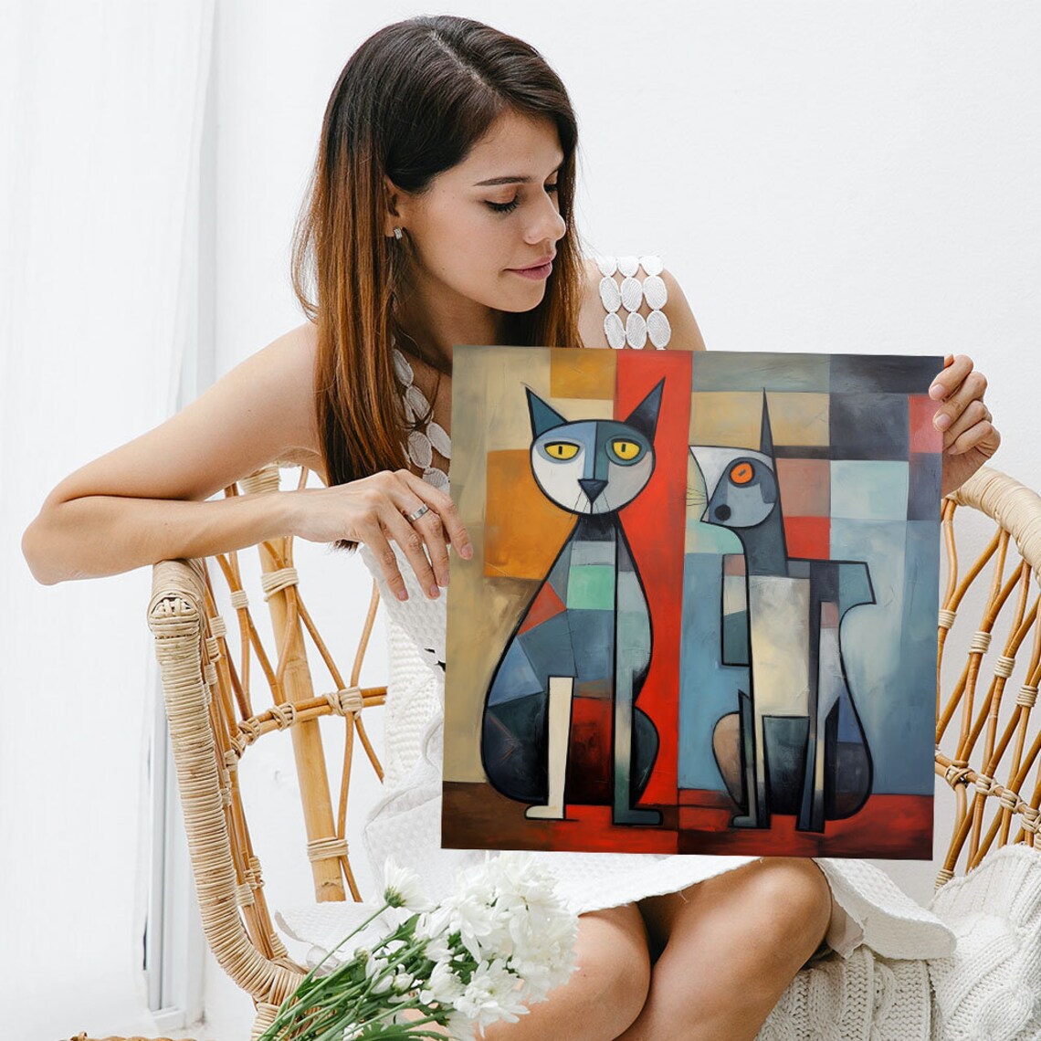 Two Cubist Cats Sitting Abstract Geometric Gray Blue Red Feline Poster - Image 3