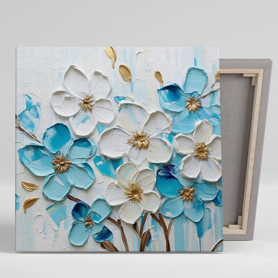 White And Blue Flower Art Print, Golden Blooms