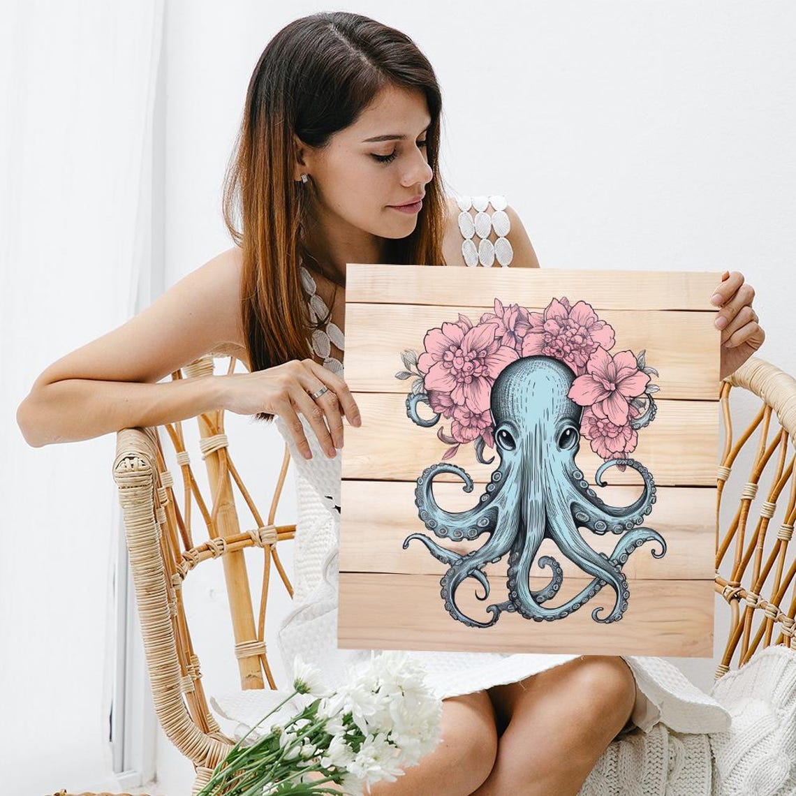 Blue Octopus With Pink Floral Crown On Rustic Wood Planks Poster - Image 3