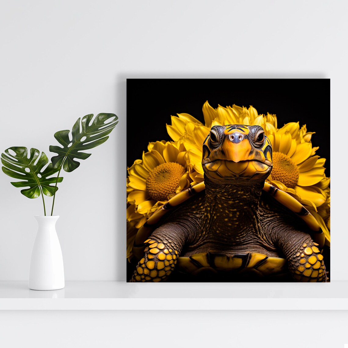 Tortoise Portrait With Sunflowers on Black Background Poster - Image 2