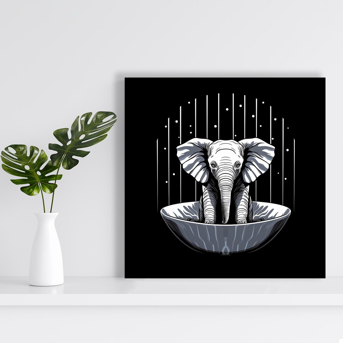 Baby Elephant Sitting In A Bowl Minimal Black And White Art Poster - Image 2